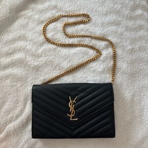 YSL CLASSIC CASSANDRE CHAIN WALLET IN GRAIN DE POUDRE LEATHER BLACK